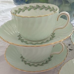 Set Of 5 Teacup And Saucer Minton Cheviot Blue Green Gold Vintage Elegant Design
